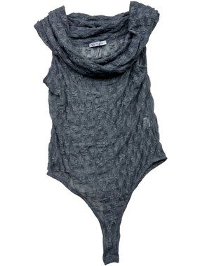 ZARA Women's Cowl Neck Textured Knit Bodysuit Sleeveless Stretch Size L Gray